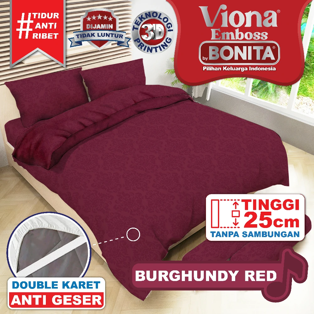 Viona Emboss Bedcover Set Fitted Double - Burghundy Red