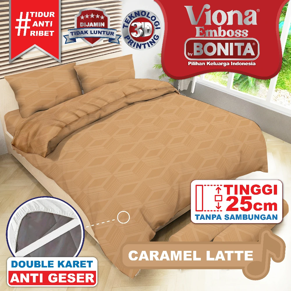 Viona Emboss Bedcover Set Fitted Double - Caramel Latte
