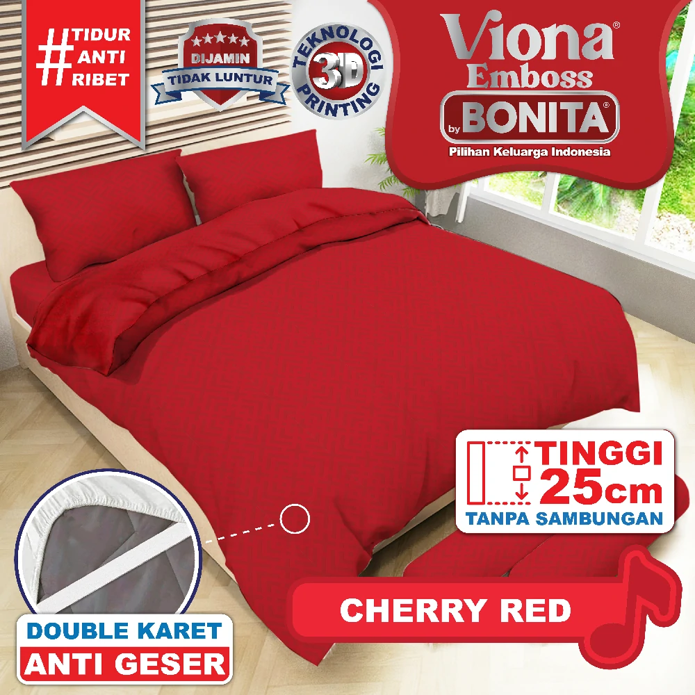 Viona Emboss Bedcover Set Fitted Double - Cherry Red